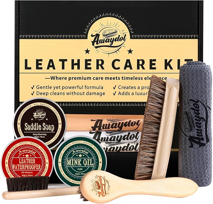 10 PCS Leather Care Kit - Horsehair Brushes,Saddle Soap,Waterproofing Wax,Mink Oil Conditioner,Polishing Cloth,Microfiber cloth,Boot Shoe Shine Cleaning Kit Gift for Men Cowboy Husband Dad ﻿
