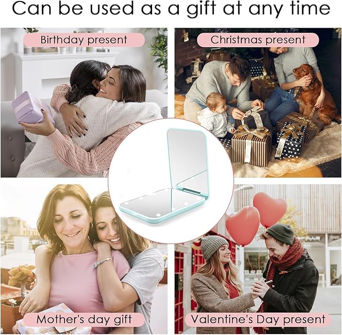 Compact Mirror, 1x/3x Magnification Mini Mirror for Purse, Pocket, Handheld, Stocking Stuffers, Travel Makeup, 2-Sided Foldable, Small Mirror with Led Lights
