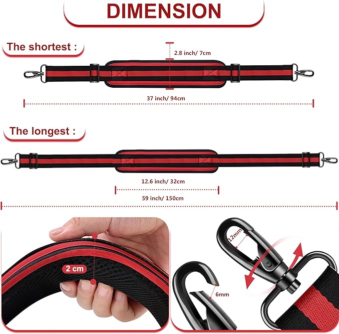 ZINMARK Shoulder Strap 59 inch, Extra-Thick Fixed Cushion Pad and Dual Clasps Universal Replacement Strap for Bags, Camera, Crossbody，Lawn mower -Black Red Black Stripe