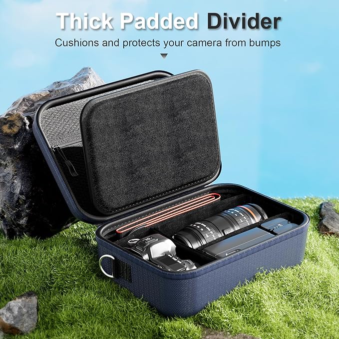 ProCase Hard Shell Camera Case for Canon Rebel T7/EOS R100/R50/DSLR/SLR/Nikon/Sony/Mirrorless Cameras, Soft Padded Digital Camera Travel Bag with 1 Shoulder Strap and 3 Adjustable Dividers -Navy