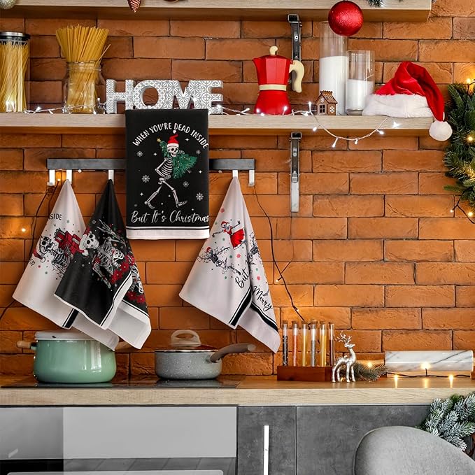 Preboun 6 Pcs Gothic Christmas Kitchen Towels Black and White Dish Cloth Xmas Skeleton Hand Towels Decorative Farmhouse Tea Cloth Absorbent for Holiday Kitchen Bathroom Decor