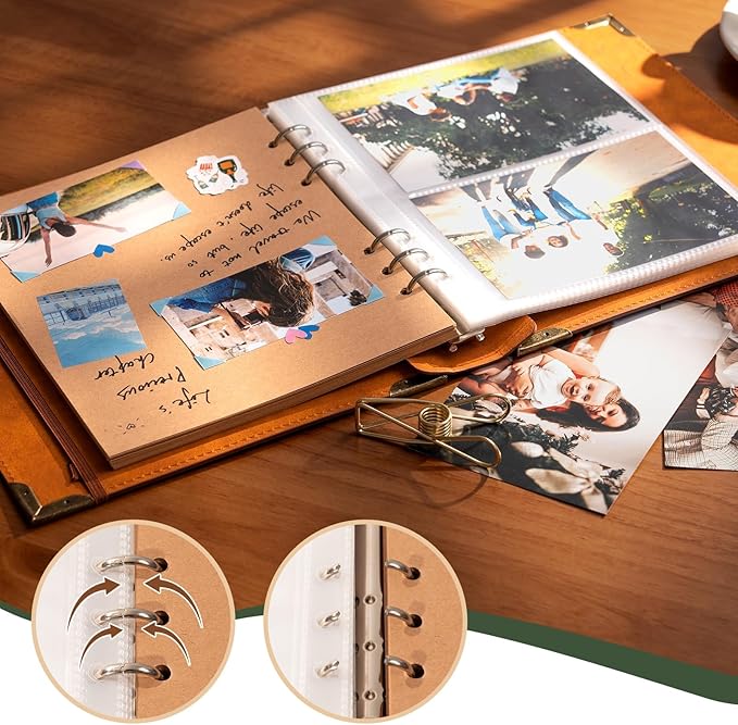 Vintage Photo Album 4x6 Leather Scrapbook Album with Writing Space 120 Photos & 30 Sheets DIY Paper Memory Albums Book for Anniversary Travel Vacation Family Tree, Green