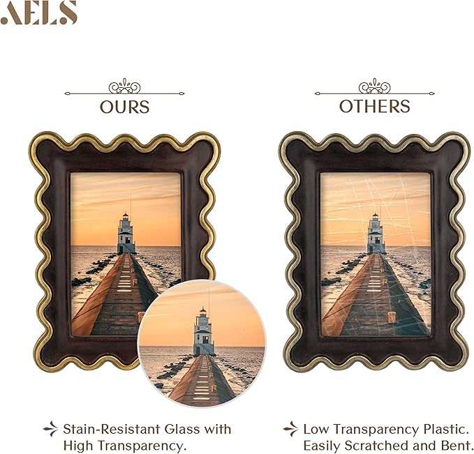 AELS 4x6 Inch Vintage Scalloped Picture Frame, Mid Century Modern Antique Photo Frames with Glass Front, Photo Display, Tabletop Wall Hanging, Gift Ideas, Dark Walnut