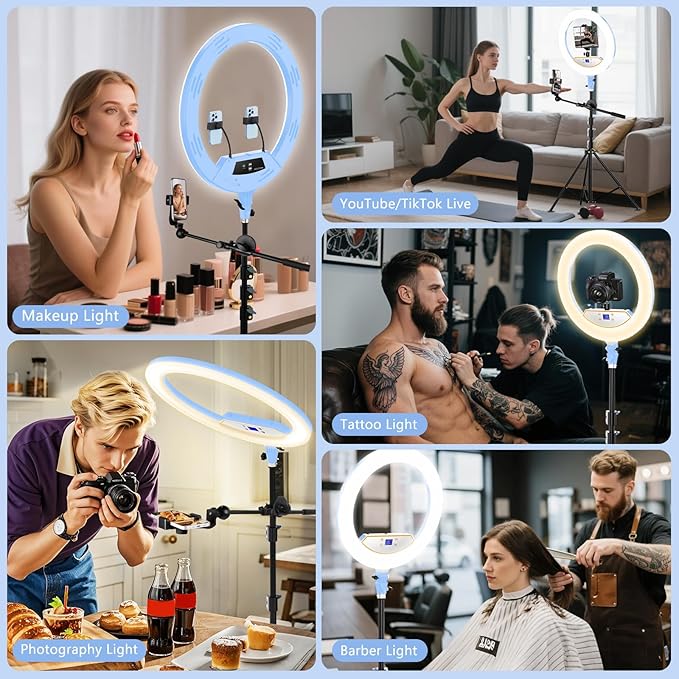 Ring Light 22inch Kit: Ring Light Tripod for iPhone ipad, with 75" Tripod/LCD Display/2 USB Ports Overhead Phone Mount for Video Recording, Zoom Meeting,YouTube,TikTok (Blue)