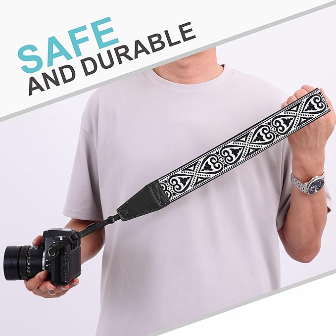 Padwa Lifestyle Camera Strap - 2" Full Grain Leather Ends Camera Straps for Photographers, Vintage Silver Embroidered Cotton Weave Soft Suede Fabric Padded Strap Quick Release fits All Cameras