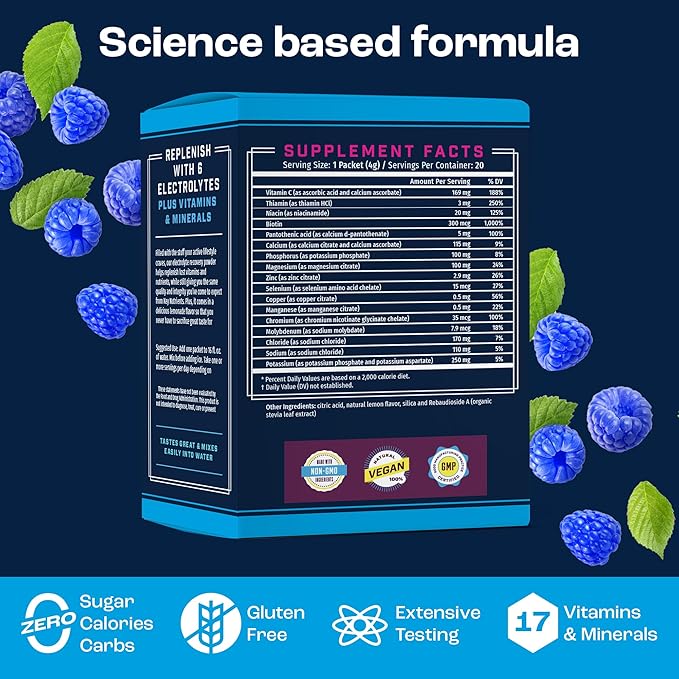 KEY NUTRIENTS Electrolytes Powder Packets 20 Pack - No Sugar, Delicious Blue Raspberry, Hydration Packets with Electrolyte Powder for Refreshing Electrolyte Drink Mix Packets - Zero Calories