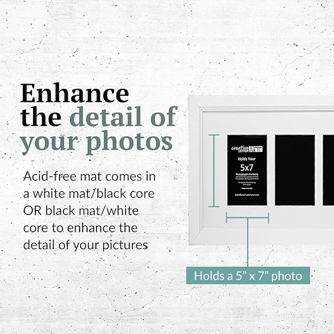 Creative Letter Art 7 Opening Glass Face White Picture Frame to hold 5 by 7 inch Photographs including 10x40-inch White Mat Collage