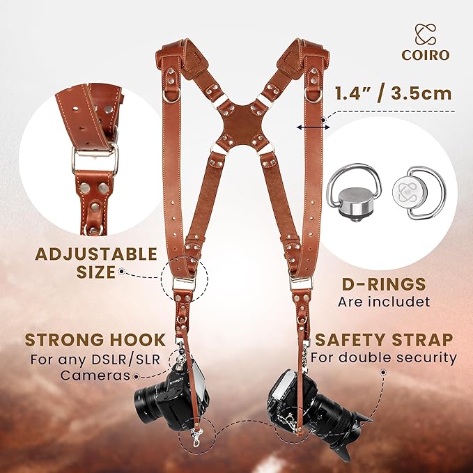C Coiro Camera Harness for 2 Cameras Dual Shoulder Leather Camera Strap for DSLR/SLR, Camera Straps for Photographers
