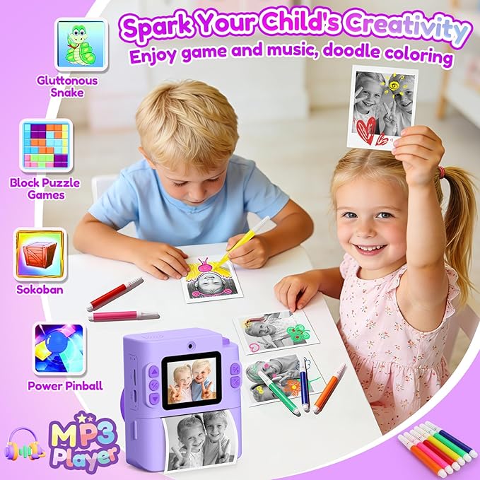 Kids Camera Gift for Girls: Selfie Digital Instant Print Cameras HD Toys for Kids Teen Girls Boys Ages 3 4 5 6 7 8 9 10 12 Birthday Christmas Valentines Easter Gifts with 32G SD Card Purple