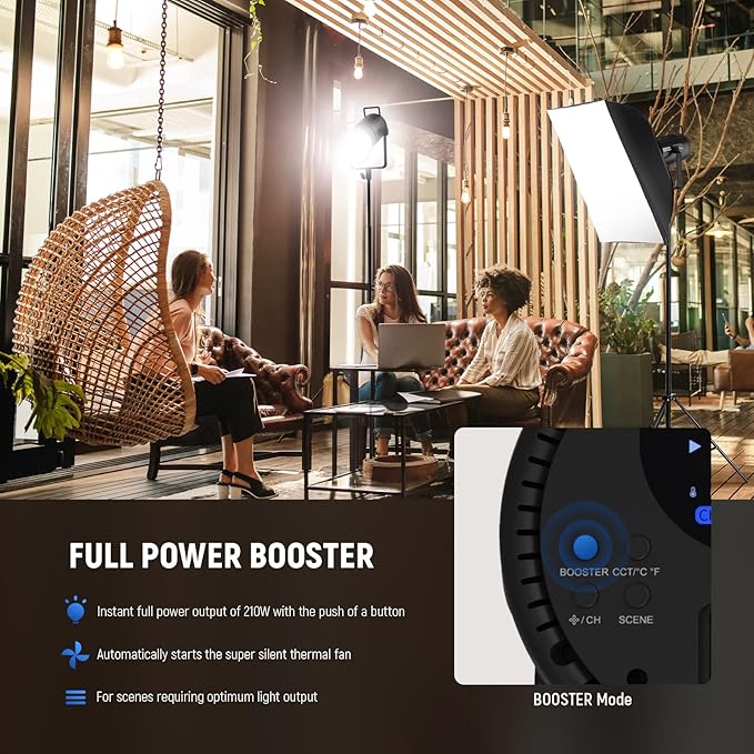 NEEWER CB200B 210W LED Video Light with 2.4G/APP Remote Control, All Metal Bi Color COB Continuous Output Lighting with Bowens Mount 90000Lux/1m 2700K-6500K CRI/TLCI97+ 12 Effects for Video Recording