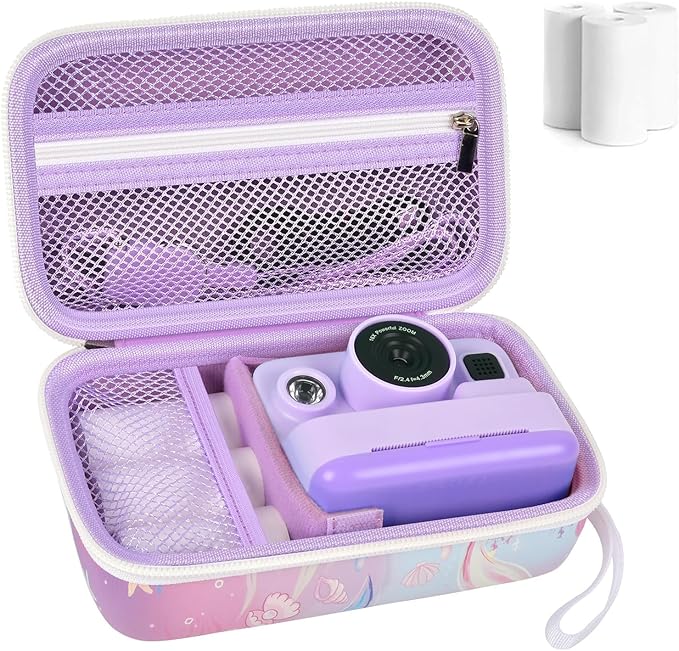Case Compatible with DYLANTO for ESOXOFFORE for ETIKEZ for YTETCN for DUDUDRAGON Instant Print Camera, Kids Camera Storage for Accessories (Box Only) (Case and 3 Paper Rolls, Purple-fish)
