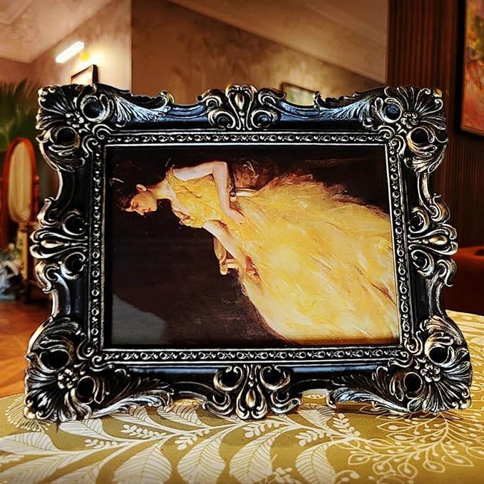 CISOO 5x7 Vintage Picture Frame Antique Ornate Black and Gold Photo Frame, for Table Top and Wall Display, Decorative Floral Design Retro Home Decor, Photo Gallery Art