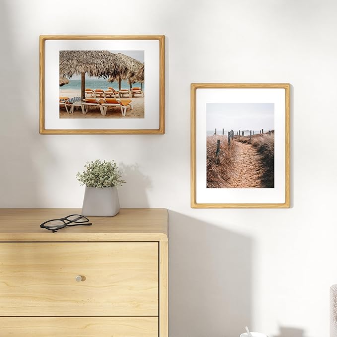 11x14 Wooden Picture Frames USA-Sourced Natural Oak Solid Wood Photo Frame Handcrafted Rounded Corner with Mat to 8x10 Picture Frame Vintage Display with Real Glass Family Picture， 2 Pack