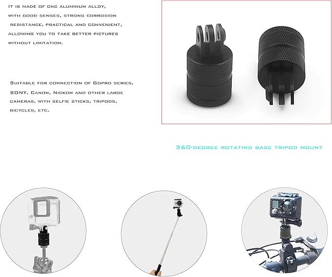 360 Degree Rotation Tripod Mount Adapter, Aluminum 1/4 inch 20 Camera Mount Adapter Compatible with GoPro 13/12 Black,Hero10/ 9/8/ 7/6/ 5/ Series,DJI, XiaoYi and Other Standard 1/4 Accessories
