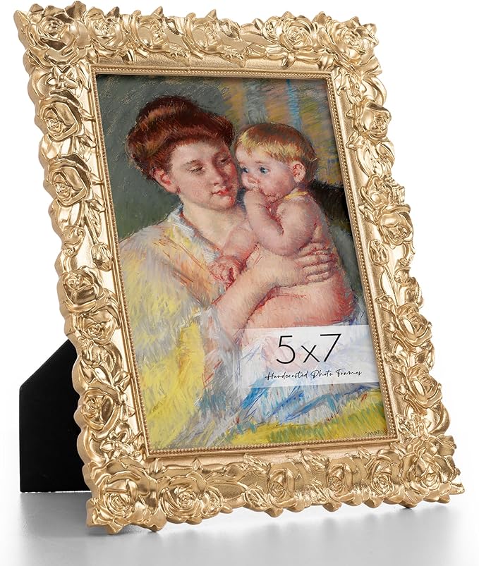 Axeman Gold Vintage Frames 5x7 | Antique 5 x 7 Picture Frame with Real Glass | Ornate Rose 5x7 Frame for Wall & Tabletop Display | Gold 5 by 7 Frames