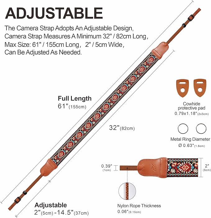 Padwa Lifestyle Red Vintage Embroidered Camera Strap - 2" Wide Cowhide Head Camera Straps,Pure Cotton Woven Adjustable Shoulder & Neck Strap for All DSLR Cameras,Great Gift for Men&Women Photographers