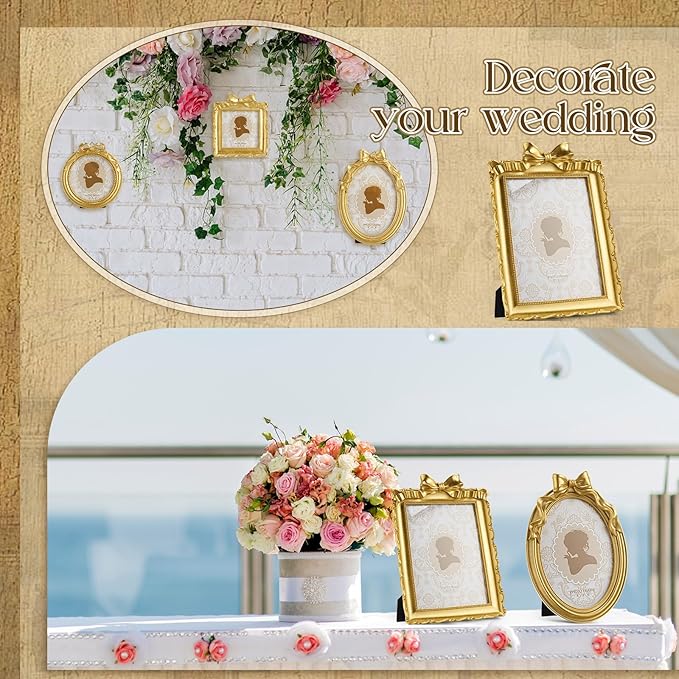 4 Pcs Vintage Picture Frames 5x7 4x6 4x4 inch Baroque Gold Resin Photo Frames with Glass Front Ornate Wall Hanging and Tabletop Display for Retro Home Decoration Wedding Gallery Hotel(Bowknot)