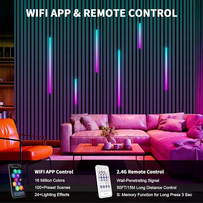 RGB+IC Led Recessed Lighting Kit Wall Panel Lights, 6PCS Smart Color Chasing Wood Slat LED Lights with Alexa & WiFi APP Control, DIY RGB Strip Lighting for Acoustic Panels, Game Room (15″+22″+35″)