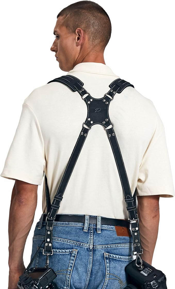 Padwa Lifestyle Black Frosted Dual Camera Harness Strap for Two-Cameras - Dual Shoulder Full Grain Leather Harness,Multi Double Camera Gear for DSLR/SLR Strap,Double Camera Harness for Photographers