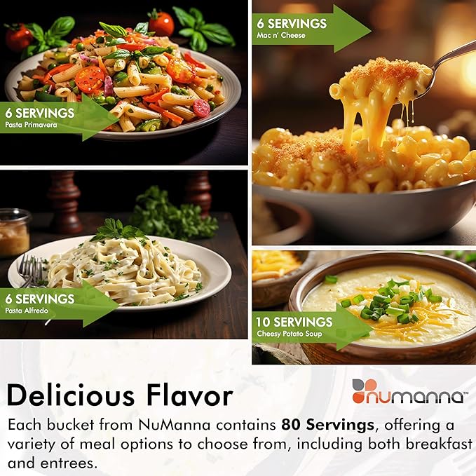 NuManna Grab-n-Go Bucket– 80 Servings, 12 lbs Freeze-Dried Premade Meals | 25+ Year Shelf Life | Non-Perishable, Ready-to-Eat Breakfast & Dinner, Everyday Meals & Pantry Essentials | Emergency, Camping & Survival Food Kit | Made in USA