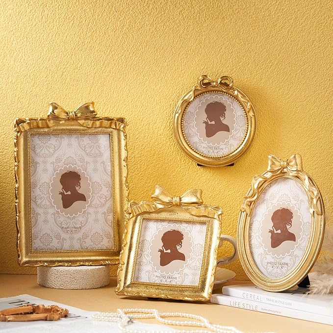 4 Pcs Vintage Picture Frames 5x7 4x6 4x4 inch Baroque Gold Resin Photo Frames with Glass Front Ornate Wall Hanging and Tabletop Display for Retro Home Decoration Wedding Gallery Hotel(Bowknot)