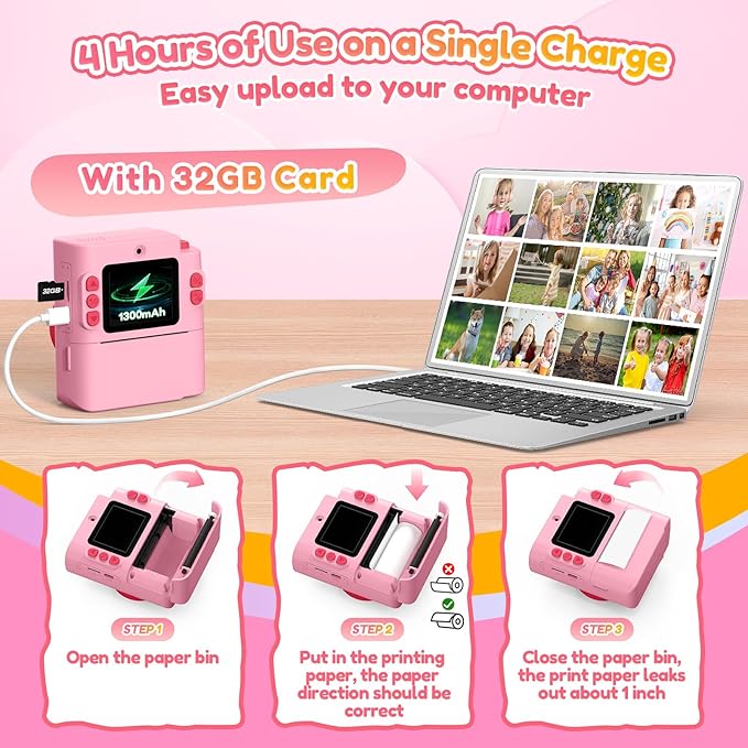 Gift for Girls Kids Camera: Instant Print Dual Lens Digital Camera Toys for Girl 3-12 Birthday Christmas Valentines Gifts for Kid Girls Boys Ages 3 4 5 6 7 8 9 10 with 32G SD Card Storage Bag Pink