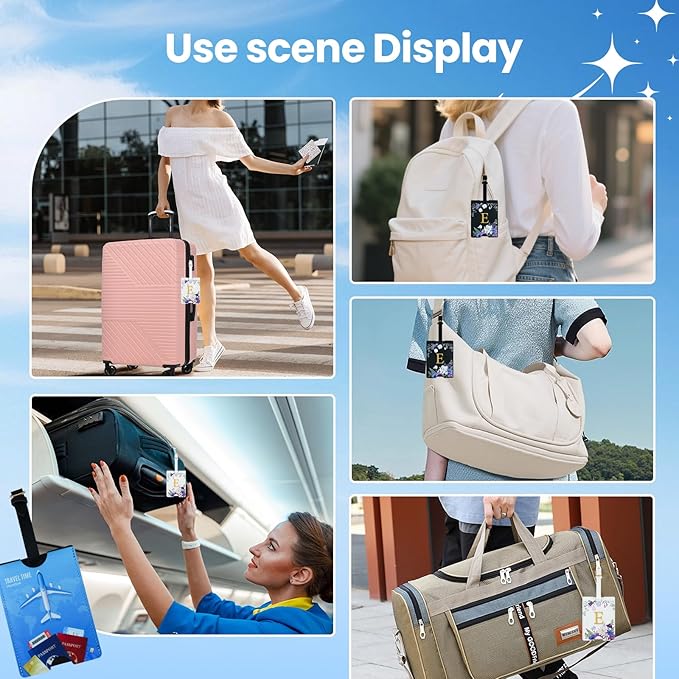 2 Pack PU Leahter Luggage Tags with PU Leather Straps, Fun Travel case Labels, Privacy-Protected ID Card Holders, Allowing for Quick Identification of Luggage and Easy locating of Your Bags (E)