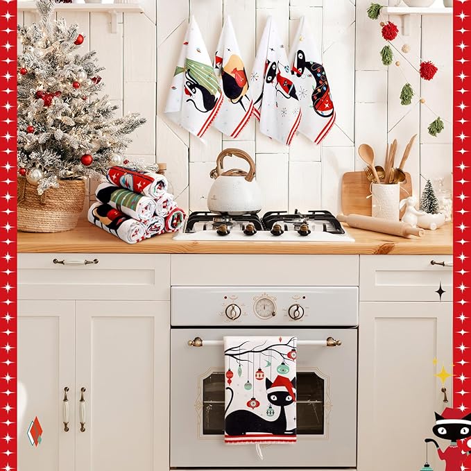 Preboun 6 Pcs Christmas Kitchen Towels Mid Century Hand Towels Atomic Cat Xmas Dish Cloth Red Green Christmas Tree Gift Box Decorative Farmhouse Tea Cloth Absorbent for Holiday Kitchen Bathroom Decor