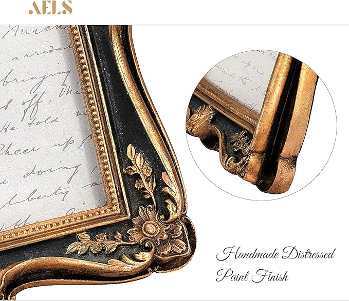 AELS 5x7 Inch Vintage Picture Frame, Elegant Antique Photo Frames with Glass Front, Photo Display, Tabletop Wall Hanging, Gift Ideas, Gold and Black