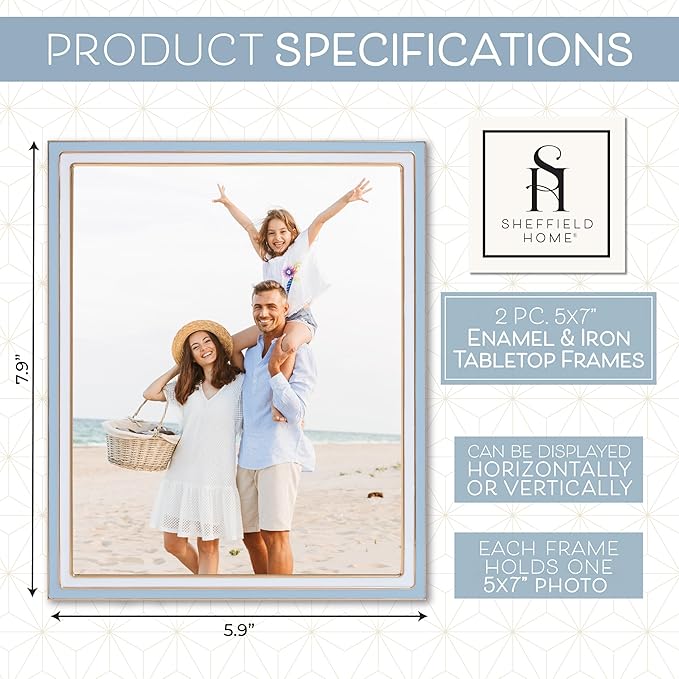 Sheffield Home Tabletop Picture Frame – Iron Enamel Decorative Display Frame for Home or Office, 5x7 Inch, White and Blue