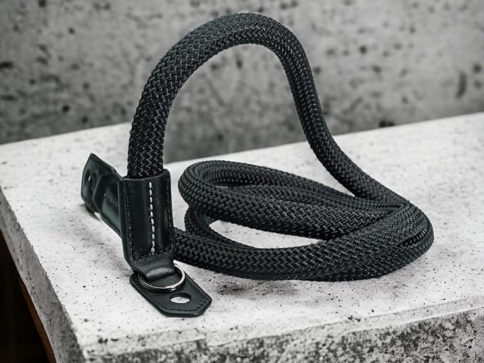 Vi Vante Sheetline Black Rope Camera Strap w/Nappa Leather Ends built in tension relief & electroplated key rings (Black w/White Stitching)