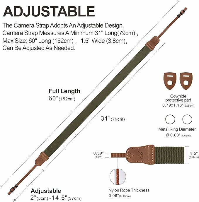 Olive Green Camera Strap,Double Layer top-grain Cowhide Ends,1.5"Wide Pure Cotton Woven Camera Strap,Adjustable Universal Neck & Shoulder Strap for All DSLR Cameras,Great Gift for Photographers