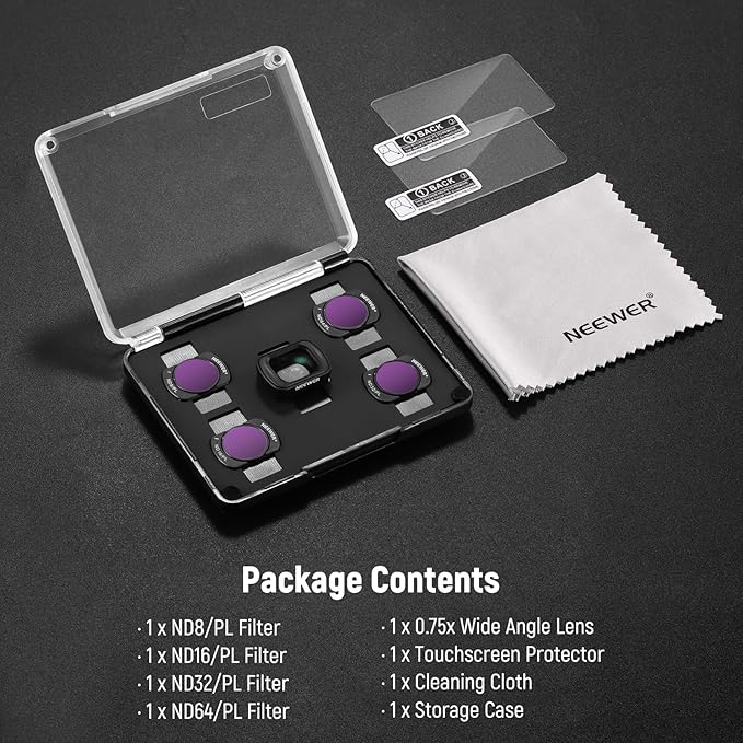NEEWER ND/PL Filter Set (4 Pack) & 0.75X Wide Angle Lens Compatible with DJI Osmo Pocket 3 Creator Combo Accessories, ND8/PL ND16/PL ND32/PL ND64/PL Polarized ND CPL with Screen Protectors, FL-B07