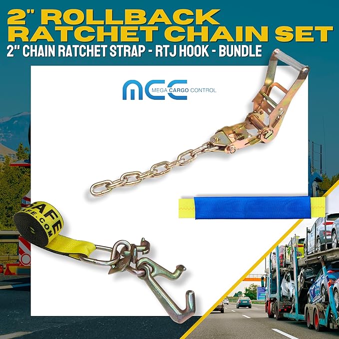 Mega Cargo Control 4 Pack 2" Chain Ratchet Strap w/RTJ Hook Tie Down Rollback, Bundle for Tow Truck Car Hauler