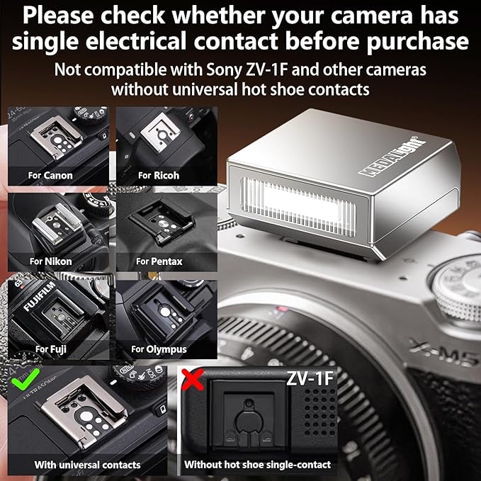 New Aluminum F1s Mini Camera Flash for Ricoh GR3/GR3X/Fuji/Sony ZV1/Nikon/Canon/Olympus/Digital Film Cameras,Portable Hot Shoe Speedlite for DSLR Camera(Silver)