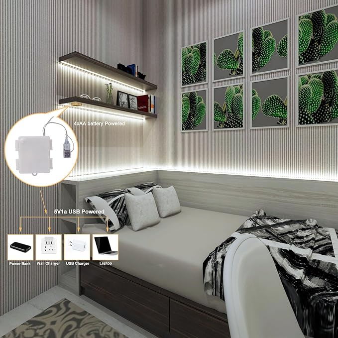 OMIKA COB LED Light Strip, 6.56FT 640LED 4000K Natural White Battery Powered LED Strip Lights with Remote Control Timer Dimmable Flexible Cuttable Tape Light for Cabinet Shelves Desk Bedroom