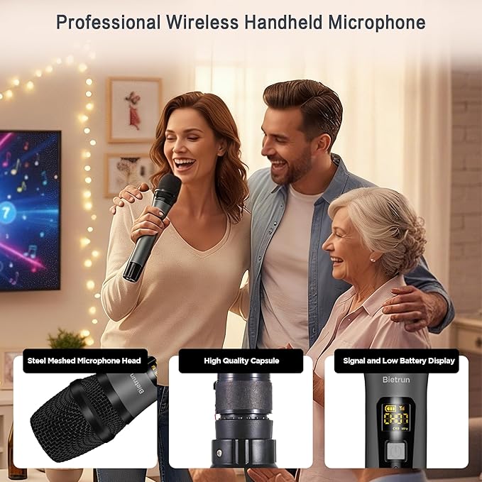 Bietrun Wireless Microphone Only for Mic Input, UHF Metal Dynamic Handheld Multipurpose Mic with Rechargeable Receiver (Work 4hs), 160ft Range, for Karaoke Machine, Amplifier Speaker, Mixer, Church