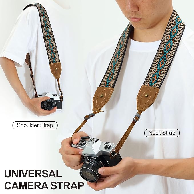 Padwa Lifestyle 2" Wide Classic Crazy Horse Art Cowhide Head Camera Strap - Jacquard Embroidery Floral Vintage Camera Straps for Photographers Gift, Adjustable Shoulder Neck Strap Fits DSLR Cameras