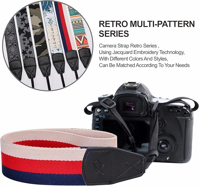 Padwa Lifestyle Stripes Camera Strap - 2" Wide Genuine Leather Ends Camera Straps for Photographers, Vintage Blue, Red, and white Stripes Nylon Strap with Camera Quick Release fits All Cameras