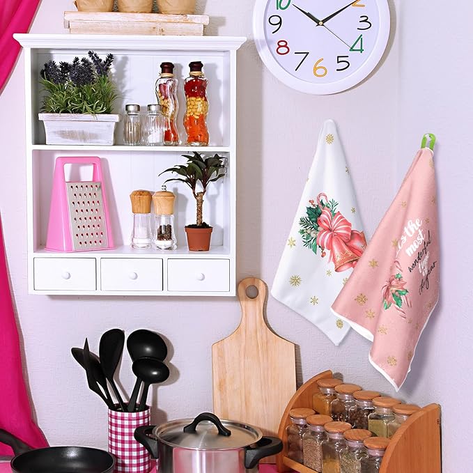 Preboun 6 Pcs Christmas Kitchen Towels Santa Reindeer Stripe Hand Towels Pink Farmhouse for Dish Xmas Tea Kitchen Bathroom Decor