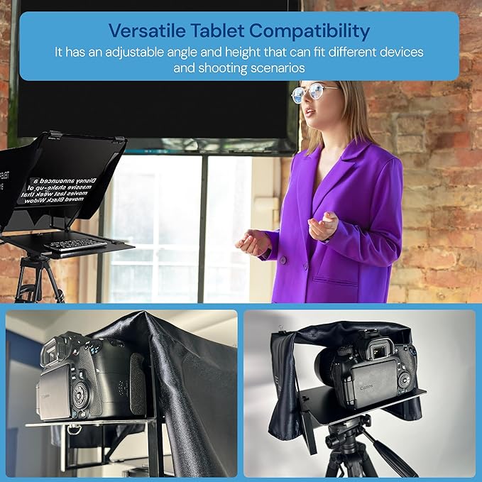 Teleprompter 5.1 12" Compatible with iPad, Tablet, Smartphone and DSLR Camera, Remote or App Control, Compatible with Android and iOS, Ideal for Video Recording, Aluminum Alloy