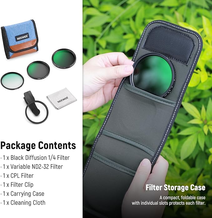 NEEWER 67mm Variable ND Filter Set Compatible with Android, 3 Pack Clip On CPL Circular Polarizing + ND2-32 + Black Diffusion 1/4 Phone Camera Lens Filter Photography Accessories Kit, FL-B38