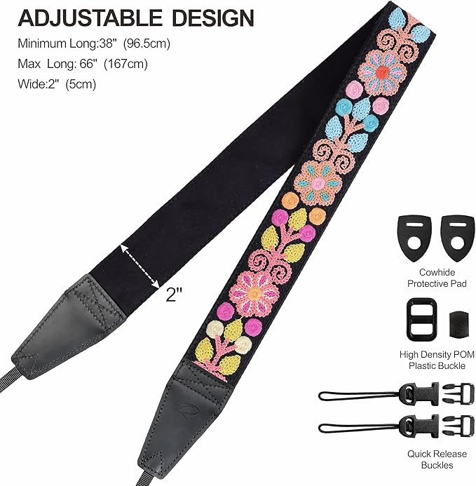 Padwa Lifestyle Colorful Crochet Camera Strap - 2" Full Grain Leather Ends Camera Straps for Photographers, Vintage Woven Cotton Soft Suede Fabric Padded Strap with Quick Release fits All Cameras