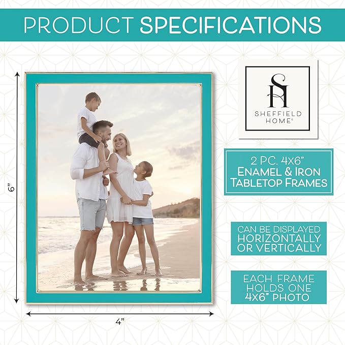 Sheffield Home Tabletop Picture Frame – Iron Enamel Decorative Display Frame for Home or Office, 4x6 Inch, Teal and Gold