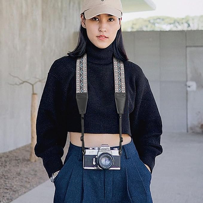 Padwa Lifestyle Boho White Camera Strap - 2" Full Grain Leather Ends Camera Straps for Photographers, Vintage Embroidered Cotton Weave Soft Suede Fabric Padded Strap Quick Release fits All Cameras