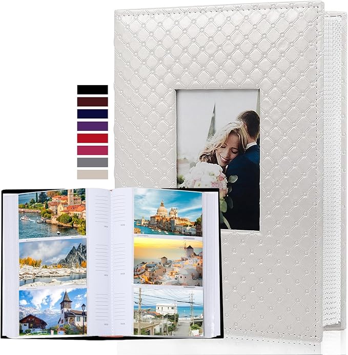RECUTMS Small Photo Album 4x6 Paper Core Insert Inside Page Picture Album PU Leather Cover 300 Photo Sleeves Boy Girl Family Photo Book Memo Slot Wedding Albums (White)