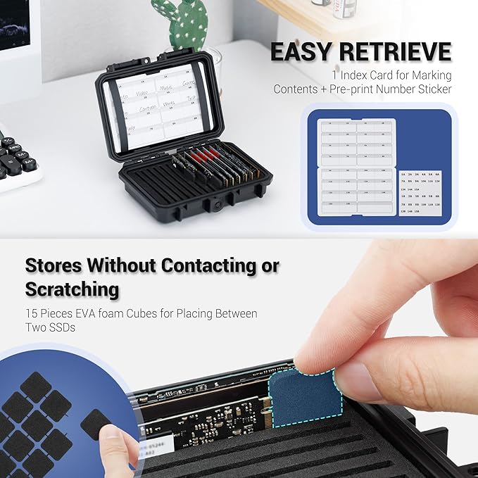 Hard Plastic 15 Slots M.2 2280 2260 2242 2240 2230 Case, Water-Resistant Shockproof M.2 SSD Holder with Label & Notepaper, 2280 SSD Card Case Vertical Style Drive Storage Box