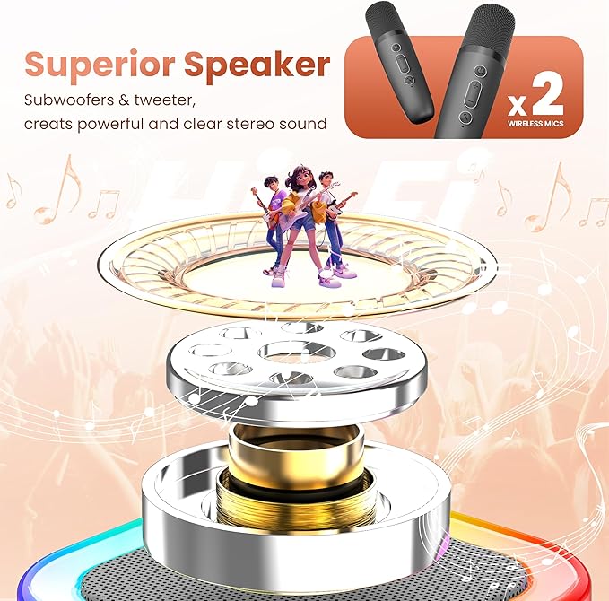 Mini Karaoke Machine for Kids Adults, Portable Bluetooth Speaker with 2 Wireless Karaoke Microphones, 2026 TOP Birthday for Girls Boys 3,4,5,6,7,8+Year Old Toddler Toys Karaoke Player(Grey)