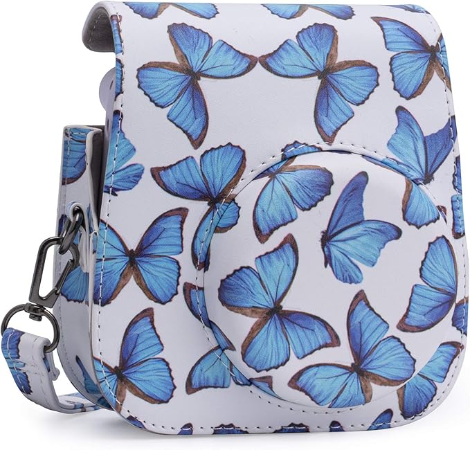 Frankmate PU Leather Camera Case Compatible with Fujifilm Instax Mini 11 12 Instant Camera with Adjustable Strap and Pocket (Butterfly)