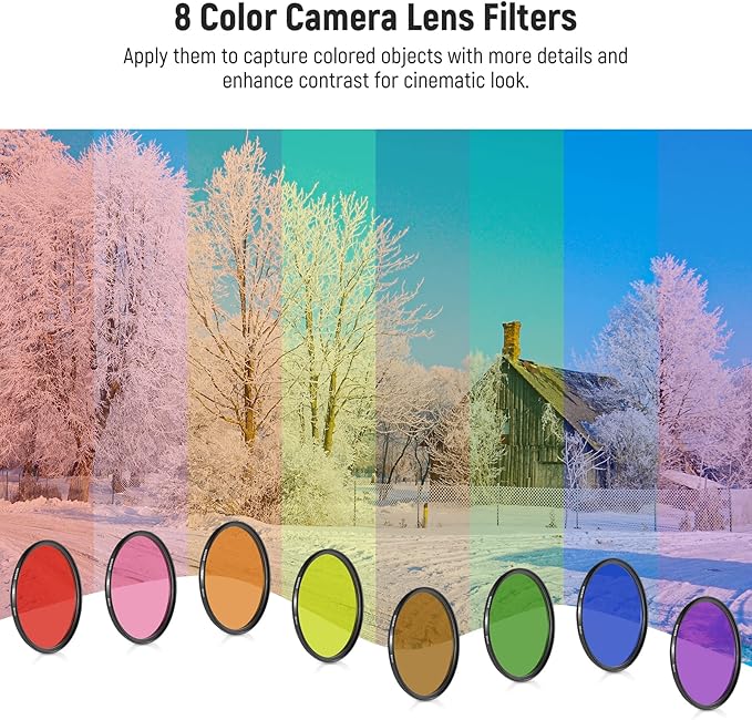 Neewer 9 Pack 55mm Colorful Resin Filter with Red, Orange, Blue, Yellow, Green, Brown, Purple, Pink, Grey Available with 2 Pouches, Camera Lens Accessories